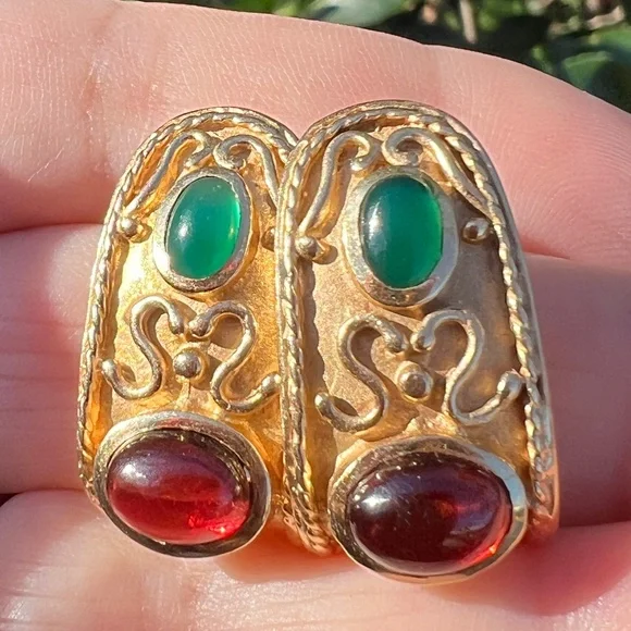 VINTAGE 14K GOLD CABOCHON GARNET GREEN CHRYSOPRASE EARRINGS STATEMENT CUSTOM - Picture 2 of 16